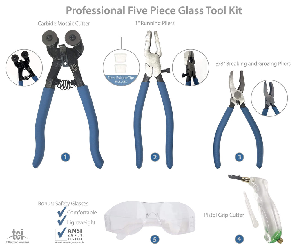 Professional Five Piece Glass and Mosaic Tool Kit with Pistol Grip cutter